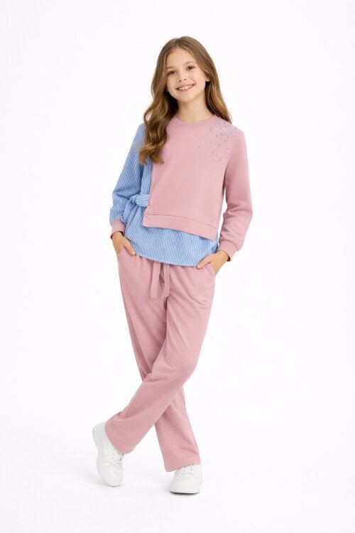 Gül Kurusu Çizgi Desenli Taş Detaylı Bluzlu Kız Çocuk Kuşaklı Pantolonlu 2li Takım 23747