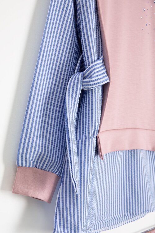 Gül Kurusu Çizgi Desenli Taş Detaylı Bluzlu Kız Çocuk Kuşaklı Pantolonlu 2li Takım 23747