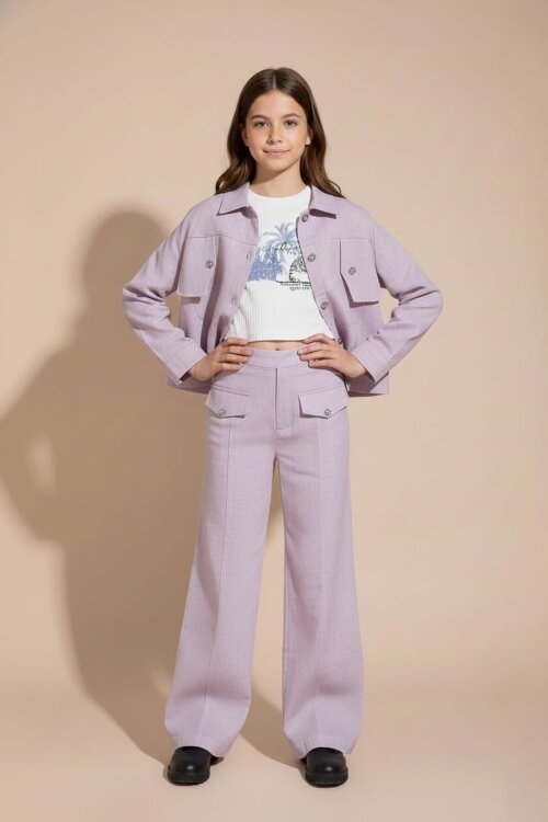 Gül Kurusu Düğme Detaylı Keten Gömlekli Pantolonlu Kız Çocuk 3lü Takım 23497