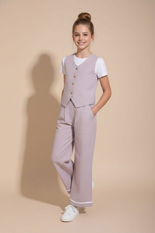 Gül Kurusu Düğmeli Keten Yelekli Geniş Paça Pantolonlu Kız Çocuk Takım 23491