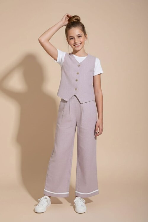 Gül Kurusu Düğmeli Keten Yelekli Geniş Paça Pantolonlu Kız Çocuk Takım 23491