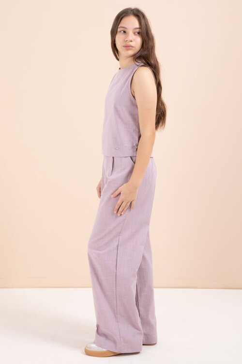 Gül Kurusu Geniş Paça Pantolonlu Kız Çocuk Keten Croplu Takım 23451