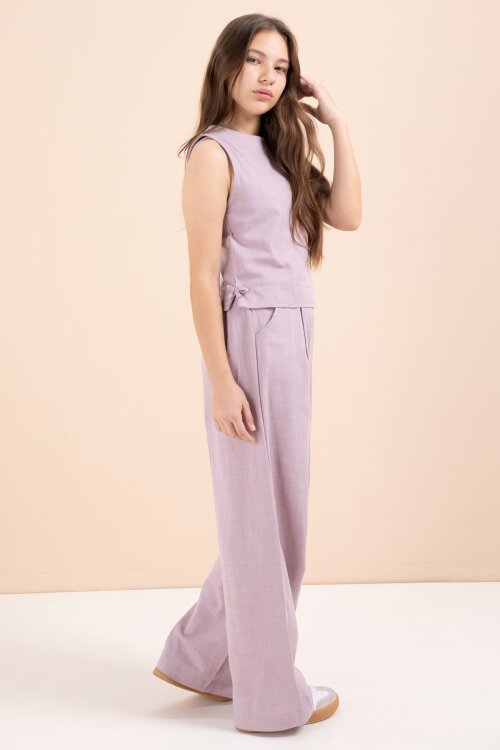 Gül Kurusu Geniş Paça Pantolonlu Kız Çocuk Keten Croplu Takım 23451