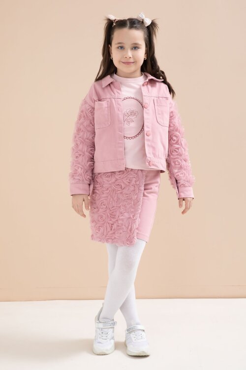 Gül Kurusu Gül Detaylı Şort Etekli ve Ceketli Kız Çocuk 3lü Badili Takım 23612