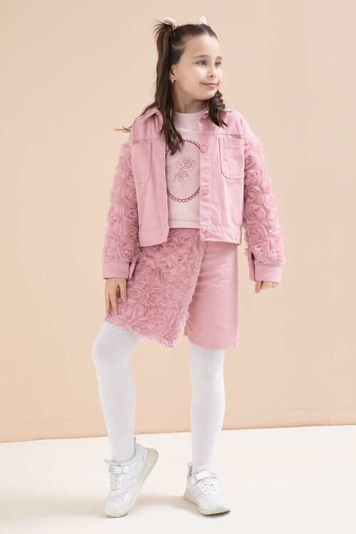 Gül Kurusu Gül Detaylı Şort Etekli ve Ceketli Kız Çocuk 3lü Badili Takım 23612