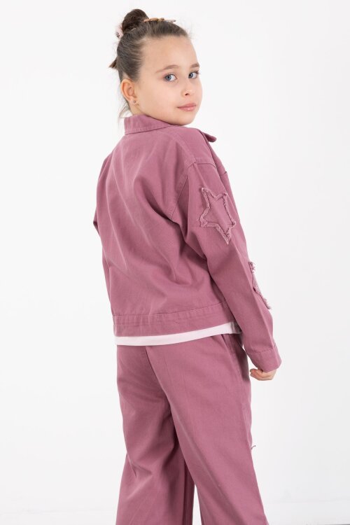 Gül Kurusu Kolları Star Taşlı Jean Ceketli Kız Çocuk 3lü Alt Üst Takım 23428