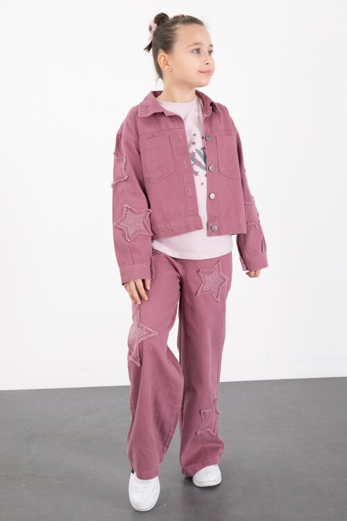 Gül Kurusu Kolları Star Taşlı Jean Ceketli Kız Çocuk 3lü Alt Üst Takım 23428