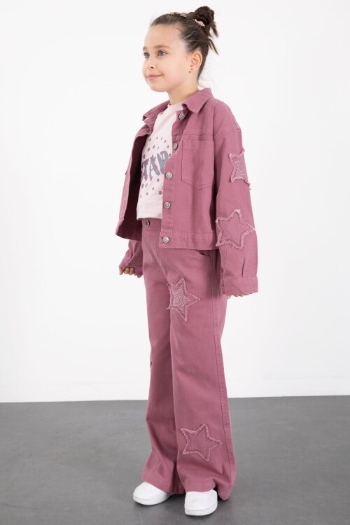Gül Kurusu Kolları Star Taşlı Jean Ceketli Kız Çocuk 3lü Alt Üst Takım 23428