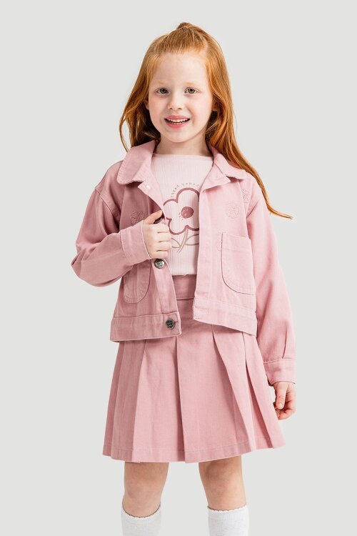 Gül Kurusu Papatya Nakışlı Ceketli Kız Çocuk Jean Ceketli 3lü Takım 23434