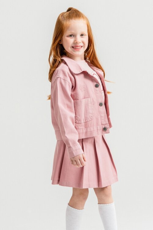 Gül Kurusu Papatya Nakışlı Ceketli Kız Çocuk Jean Ceketli 3lü Takım 23434