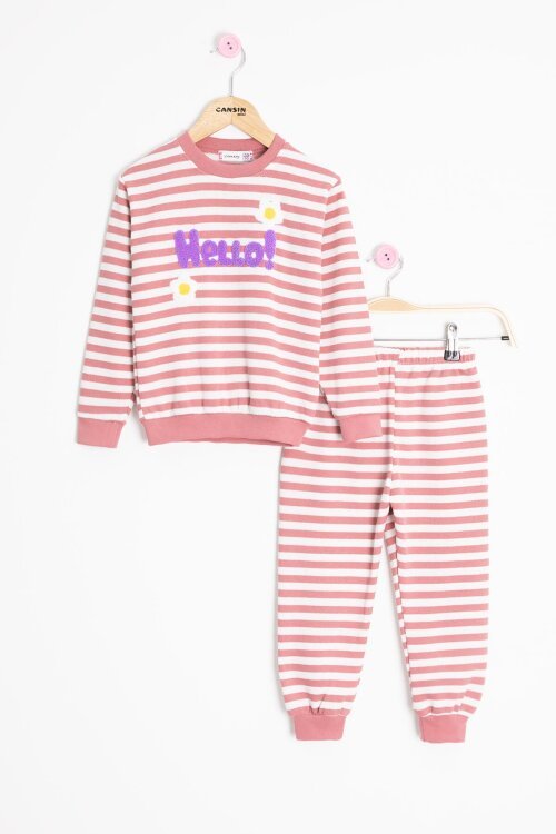 Gül Kurusu Papatya Nakışlı Çizgili Kız Çocuk Takım 23353