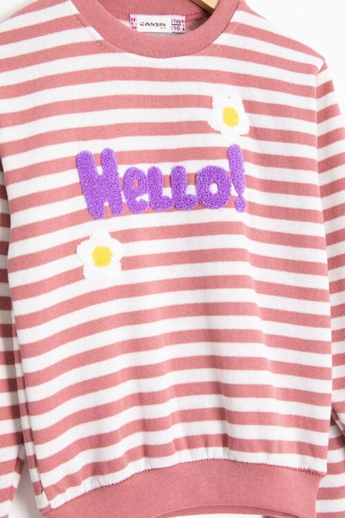 Gül Kurusu Papatya Nakışlı Çizgili Kız Çocuk Takım 23353