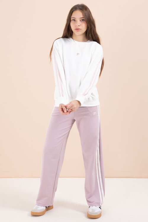 Gül Kurusu Şerit Detaylı Geniş Paça Nakışlı Kız Oversize Eşofman Takımı 23458