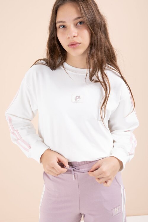 Gül Kurusu Şerit Detaylı Geniş Paça Nakışlı Kız Oversize Eşofman Takımı 23458