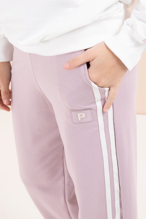 Gül Kurusu Şerit Detaylı Geniş Paça Nakışlı Kız Oversize Eşofman Takımı 23458