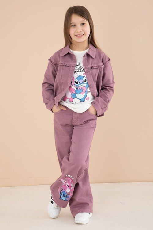 Gül Kurusu Sevimli Karakter Baskılı Ceketli ve Pantolonlu 3lü Kız Çocuk Takım 23587