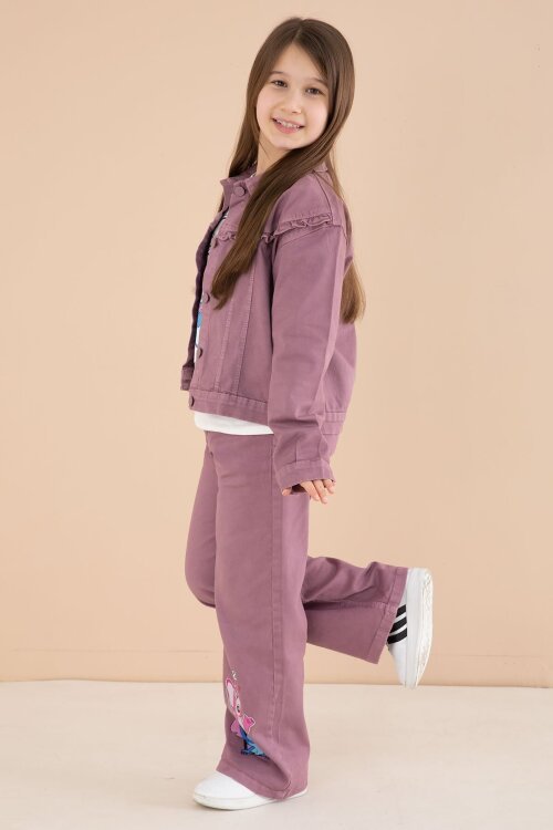 Gül Kurusu Sevimli Karakter Baskılı Ceketli ve Pantolonlu 3lü Kız Çocuk Takım 23587