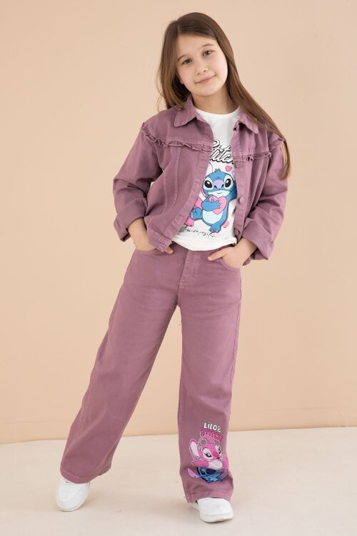 Gül Kurusu Sevimli Karakter Baskılı Ceketli ve Pantolonlu 3lü Kız Çocuk Takım 23587