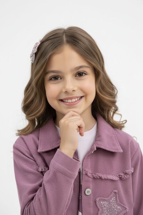 Gül Kurusu Taşlı Yıldız Nakışlı Jean Ceketli 3lü Pantolonlu Kız Takım 23439