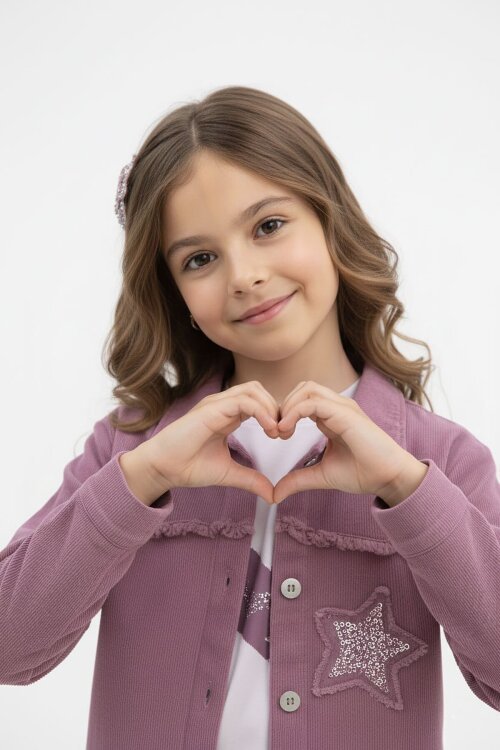 Gül Kurusu Taşlı Yıldız Nakışlı Jean Ceketli 3lü Pantolonlu Kız Takım 23439