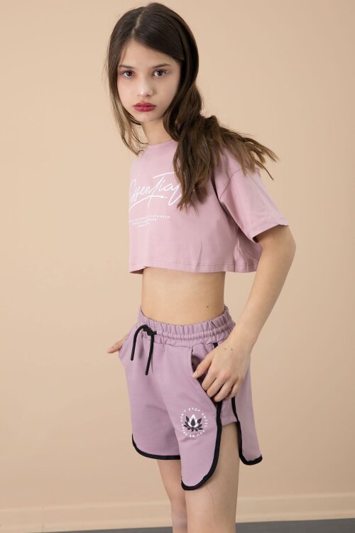 Gül Kurusu Yanları Yırtmaçlı Çiçek Baskılı Beli Lastikli Kız Çocuk Şort 20743