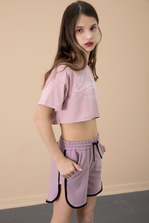 Gül Kurusu Yanları Yırtmaçlı Çiçek Baskılı Beli Lastikli Kız Çocuk Şort 20743