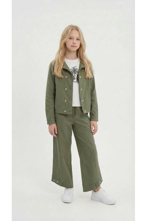 Haki Çift Düğme Detay Gömlekli Pantolonlu Kız Çocuk Gabardin Takım 23754