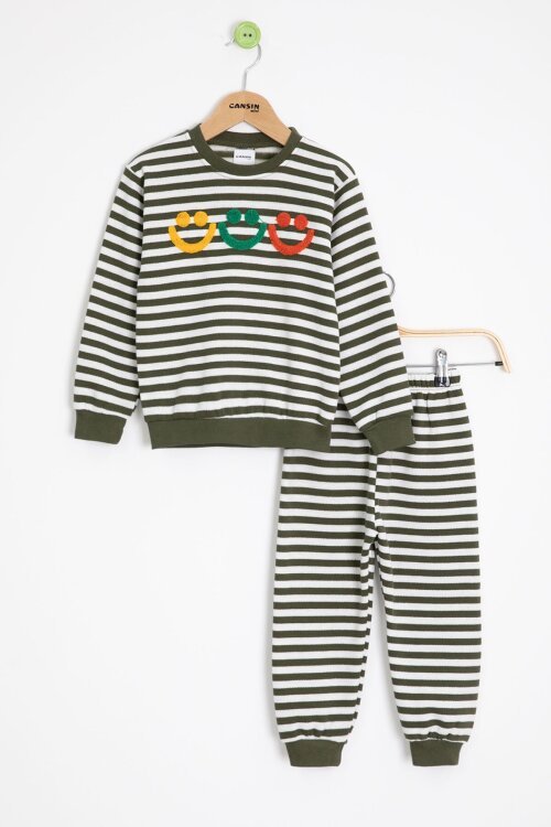 Haki Erkek Çocuk Gülenyüz Nakışlı Çizgili Şardonlu Takım 23321