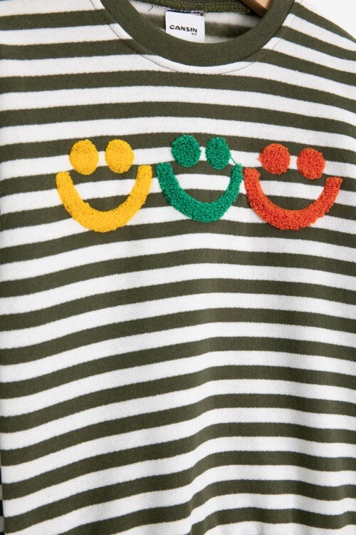 Haki Erkek Çocuk Gülenyüz Nakışlı Çizgili Şardonlu Takım 23321