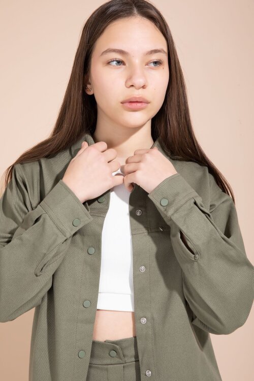 Haki Kalp İşlemeli Gömlekli Geniş Paça Pantolonlu Kız Çocuk Gabardin Takım 23554