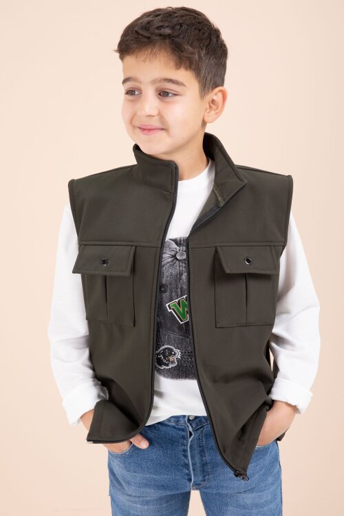 Haki Sıfır Kol Yelekli Badili Erkek Çocuk 3lü Pantolonlu Takım  23488