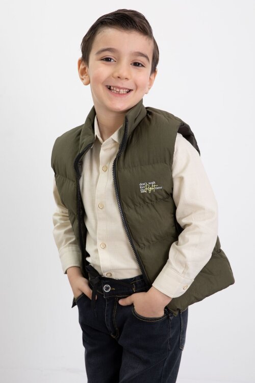 Haki Şişme Yelekli Gömlekli Erkek Çocuk 3lü Pantolonlu Takım 23474