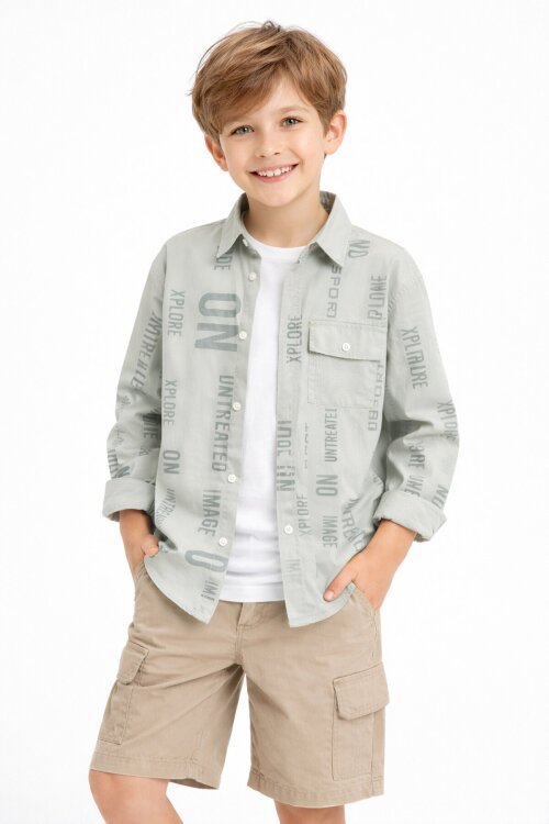 Haki Yazı Baskılı Gömlek Beyaz Tişörtlü Erkek Çocuk 2li Takım 20138