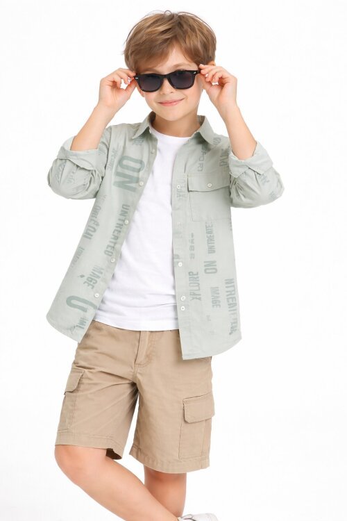 Haki Yazı Baskılı Gömlek Beyaz Tişörtlü Erkek Çocuk 2li Takım 20138