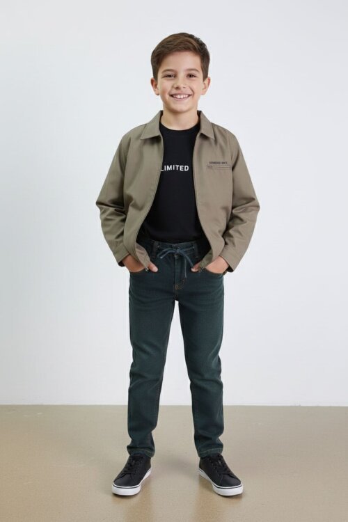 Haki Yazılı Ceketli Jean Pantolonlu Erkek Çocuk 3lü Takım 23376