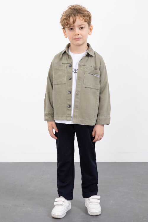 Haki Yazılı Düğmeli Gömlekli Erkek Çocuk Pantolonlu 3lü Takım  23372