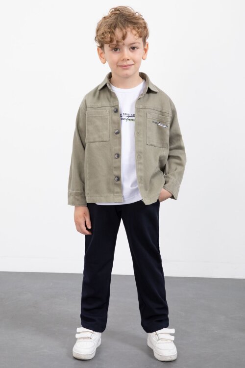 Haki Yazılı Düğmeli Gömlekli Erkek Çocuk Pantolonlu 3lü Takım  23372