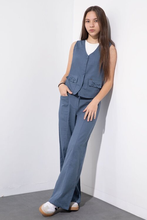 İndigo Cepli Keten Yelekli Yüksek Bel Pantolonlu Kız Çocuk Alt Üst Takım  23547