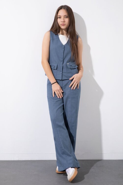 İndigo Cepli Keten Yelekli Yüksek Bel Pantolonlu Kız Çocuk Alt Üst Takım  23547