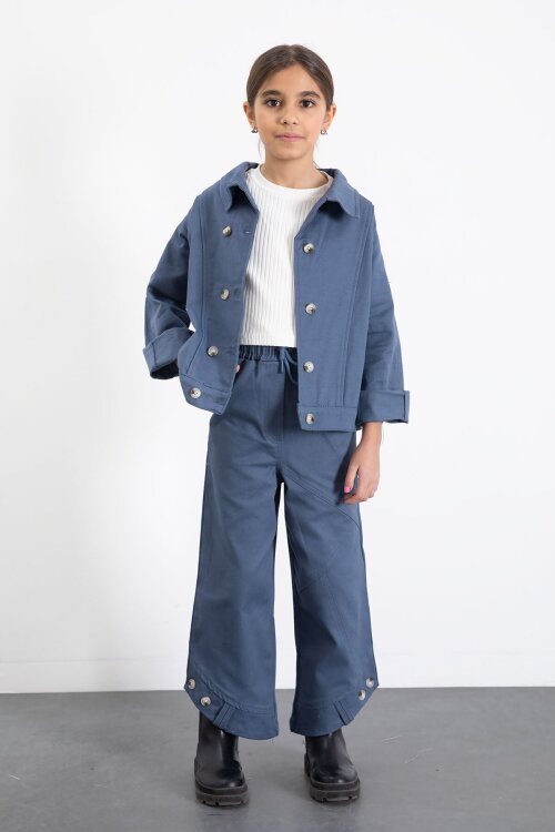 İndigo Çift Düğme Detay Gömlekli Pantolonlu Kız Çocuk Gabardin Takım 23542