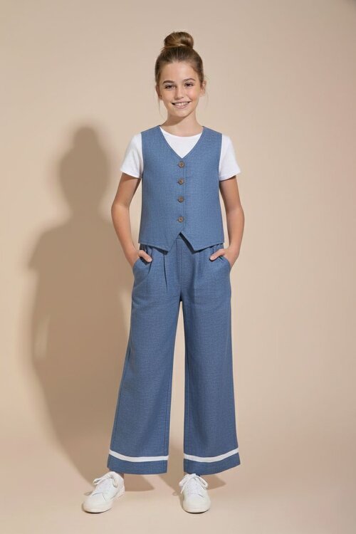 İndigo Düğmeli Keten Yelekli Geniş Paça Pantolonlu Kız Çocuk Takım 23492