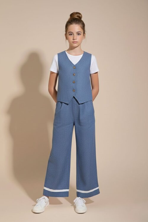 İndigo Düğmeli Keten Yelekli Geniş Paça Pantolonlu Kız Çocuk Takım 23492