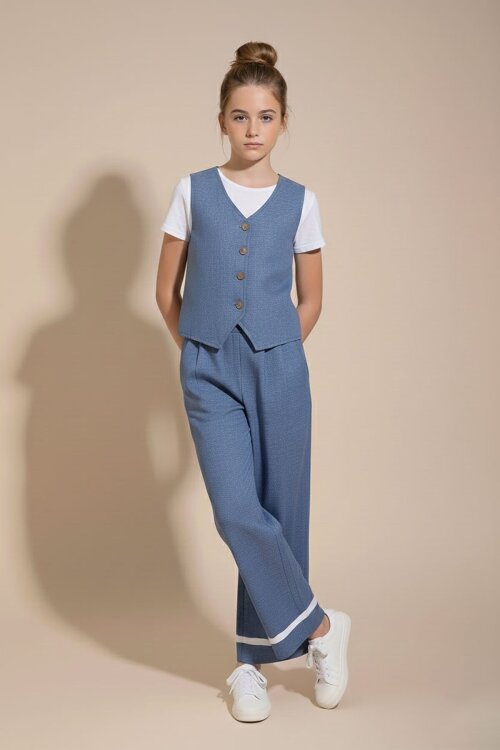 İndigo Düğmeli Keten Yelekli Geniş Paça Pantolonlu Kız Çocuk Takım 23492