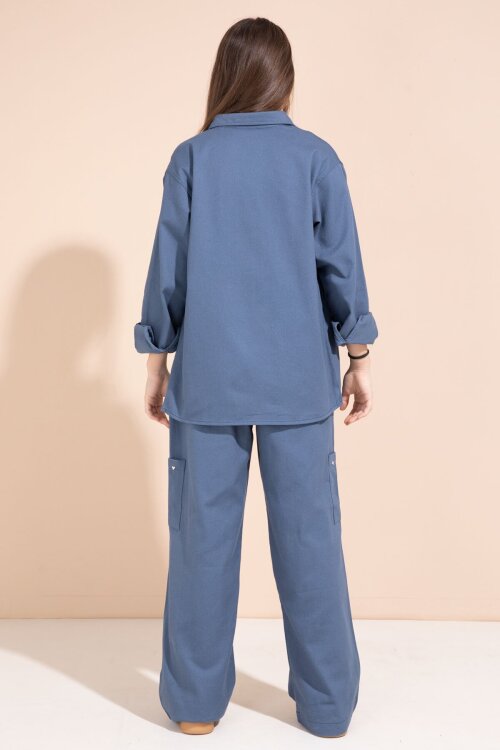 İndigo Kalp İşlemeli Gömlekli Geniş Paça Pantolonlu Kız Çocuk Gabardin Takım 23555