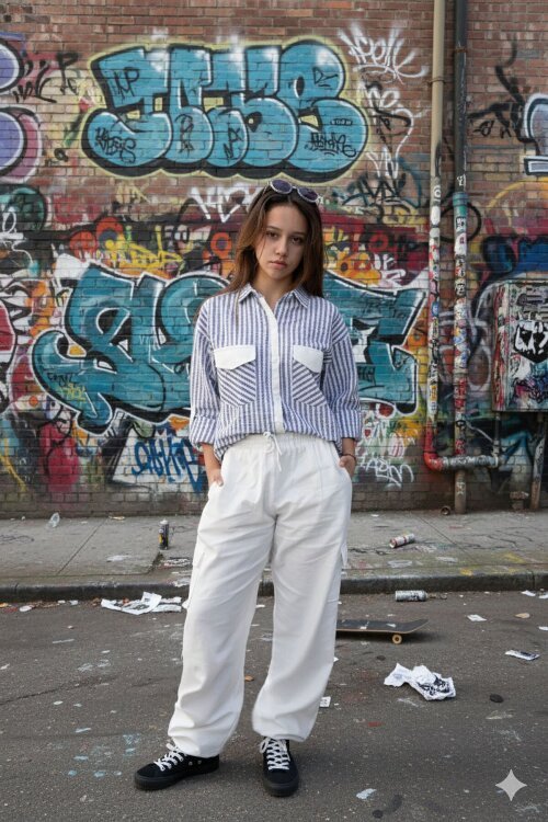 İndigo Kız Çocuk Çizgili Gömlekli Kargo Pantolonlu 2li Takım 23298