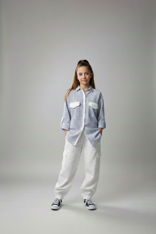 İndigo Kız Çocuk Çizgili Gömlekli Kargo Pantolonlu 2li Takım 23298