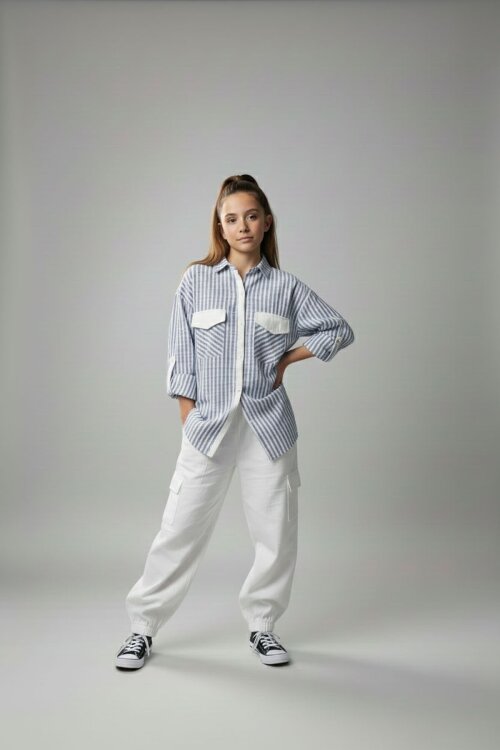 İndigo Kız Çocuk Çizgili Gömlekli Kargo Pantolonlu 2li Takım 23298