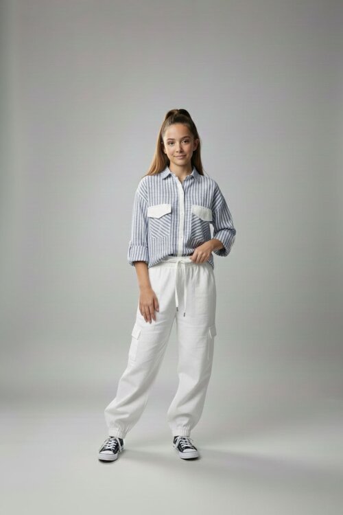 İndigo Kız Çocuk Çizgili Gömlekli Kargo Pantolonlu 2li Takım 23298