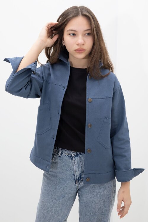 İndigo Sırtı Düğme Detaylı Kız Çocuk Gabardin Kumaş Ceket 23576