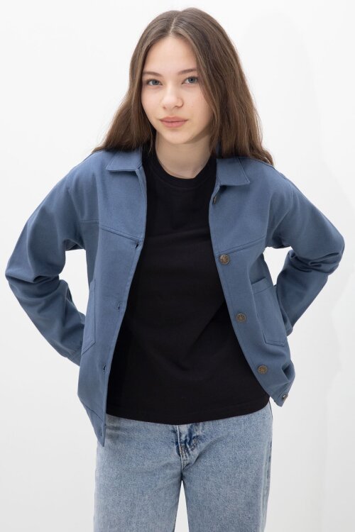 İndigo Sırtı Düğme Detaylı Kız Çocuk Gabardin Kumaş Ceket 23576